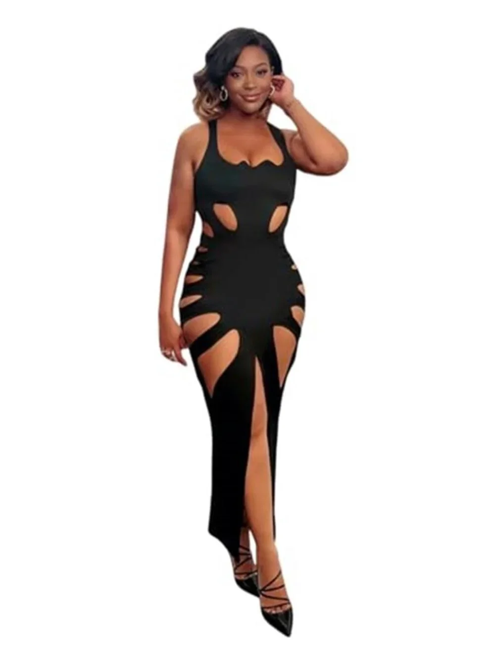 Women's Sexy Sleeveless Hollow Out Maxi Dress Tassel See Through Backless